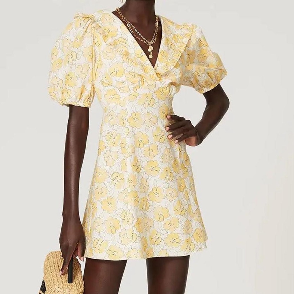 RIXO London Kayla Ruffled Yellow Floral Puffed Sleeve Mini Dress